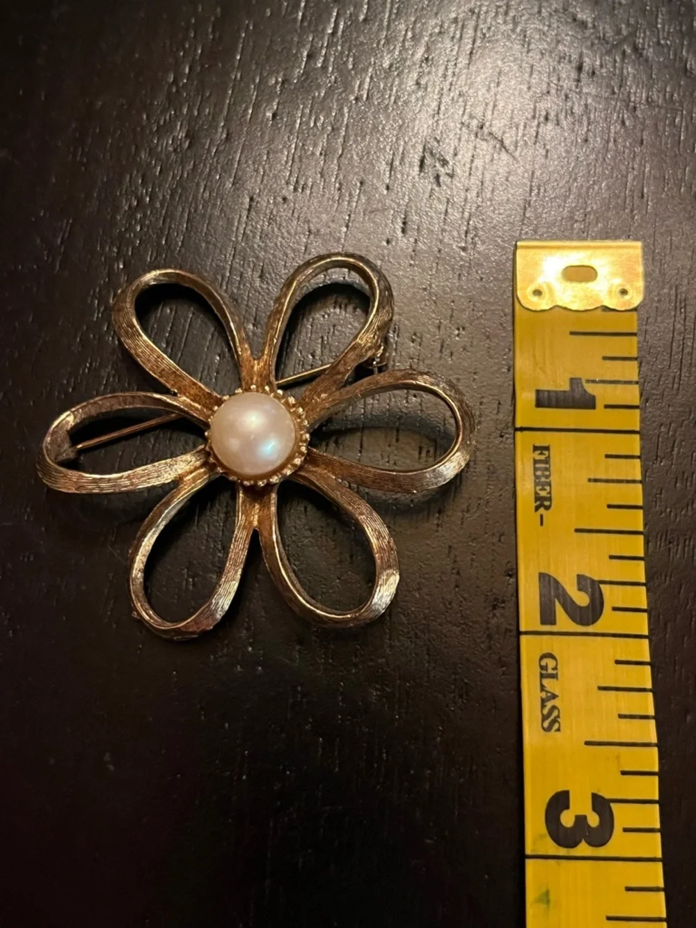 Vintage Brushed Gold Tone Flower Brooch with Faux Pearl Center